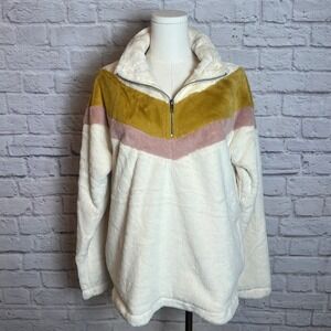 Hem & Thread Women S Ivory Colorblock Sherpa Half Zip Pullover Cozycore Neutral